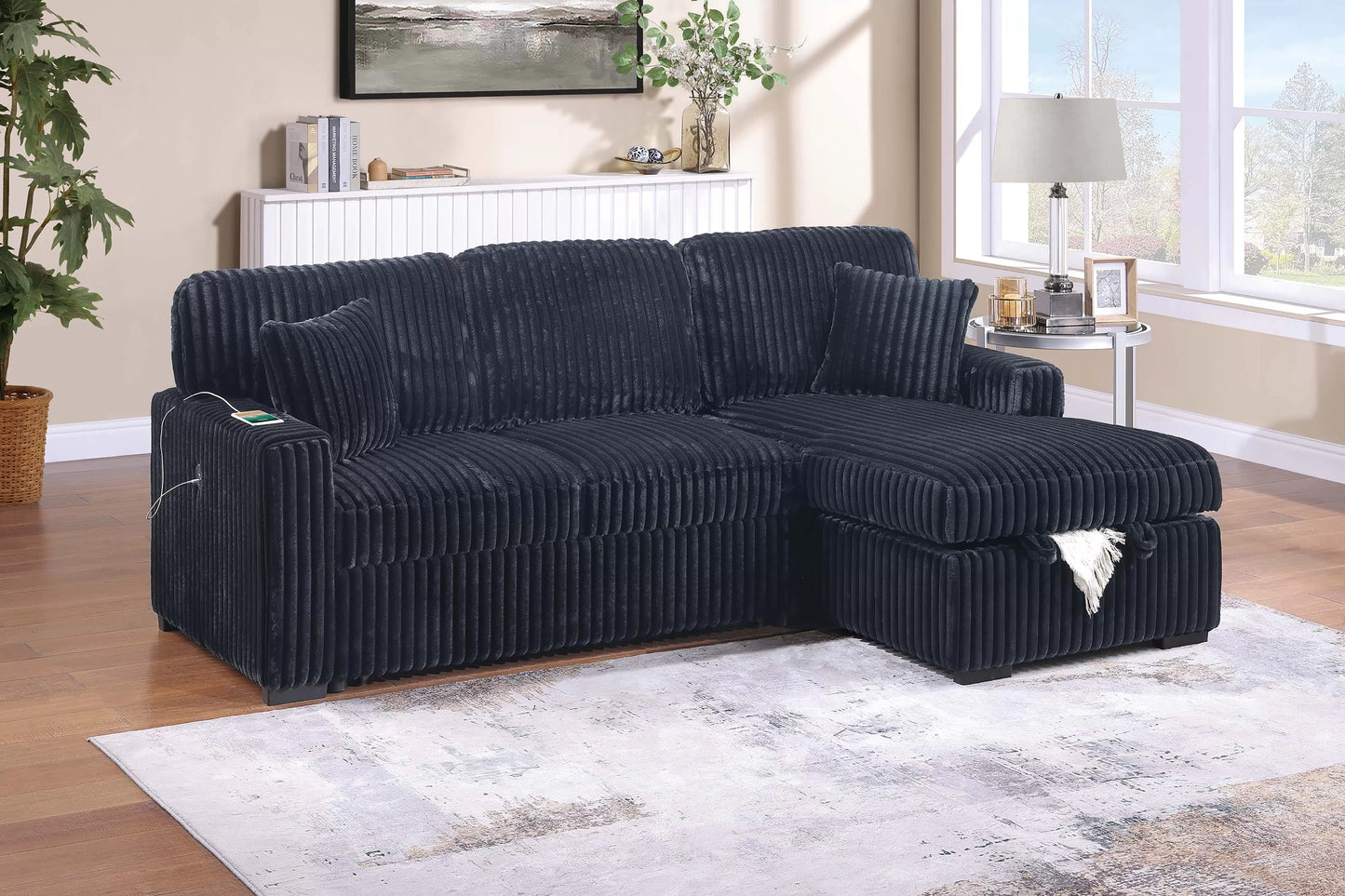 Convertible Sleeper Sectional with Storage, USB & Cup Holders – Black Corduroy | F8574