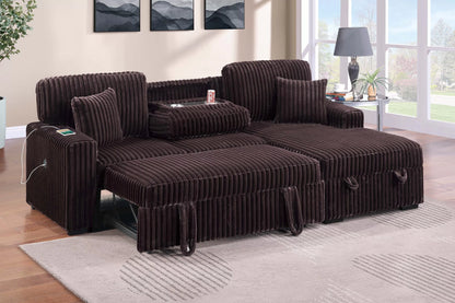 Convertible Sleeper Sectional with Storage, USB & Cup Holders – Coffee Corduroy | F8575