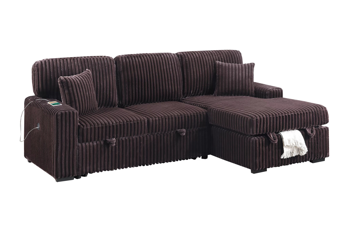 Convertible Sleeper Sectional with Storage, USB & Cup Holders – Coffee Corduroy | F8575
