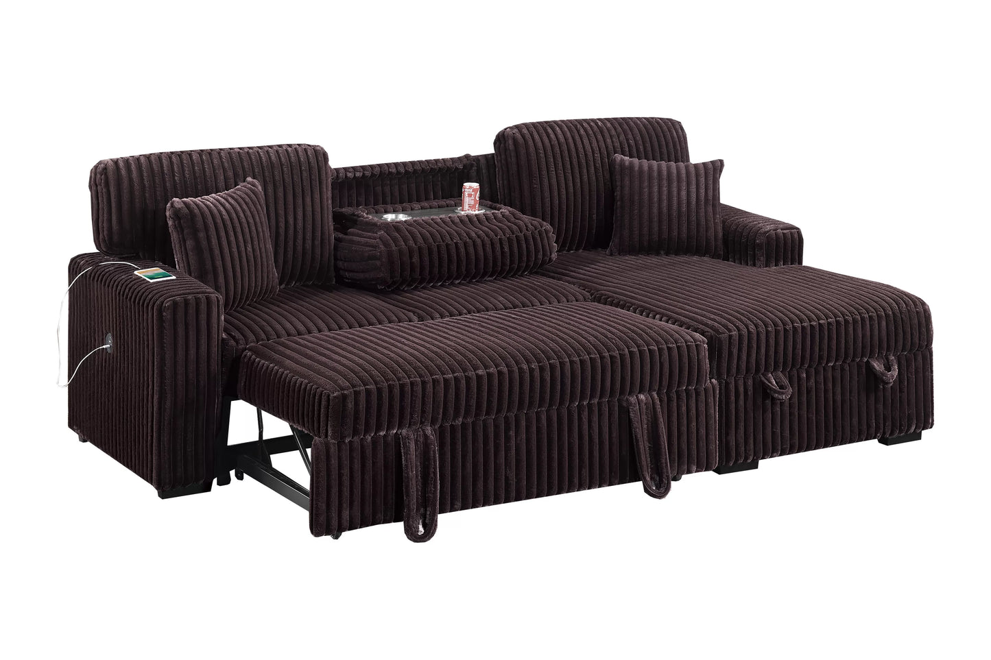 Convertible Sleeper Sectional with Storage, USB & Cup Holders – Coffee Corduroy | F8575