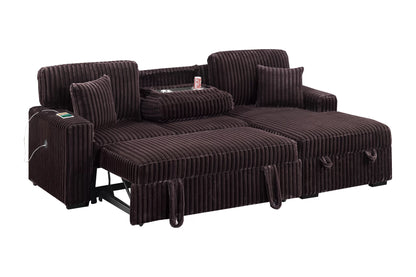 Convertible Sleeper Sectional with Storage, USB & Cup Holders – Coffee Corduroy | F8575