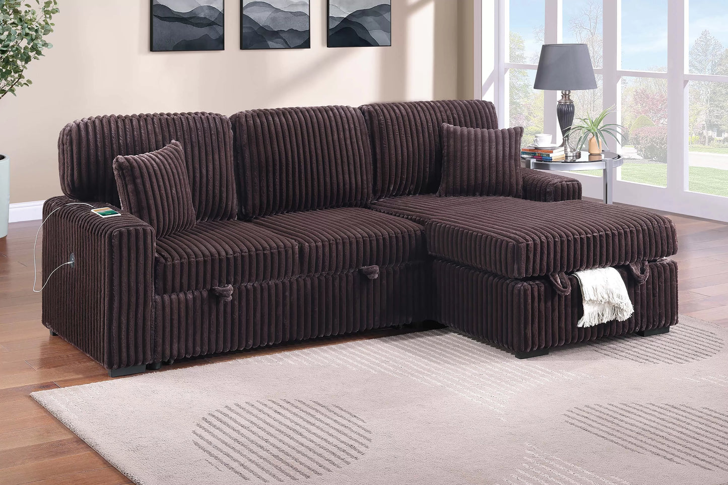 Convertible Sleeper Sectional with Storage, USB & Cup Holders – Coffee Corduroy | F8575