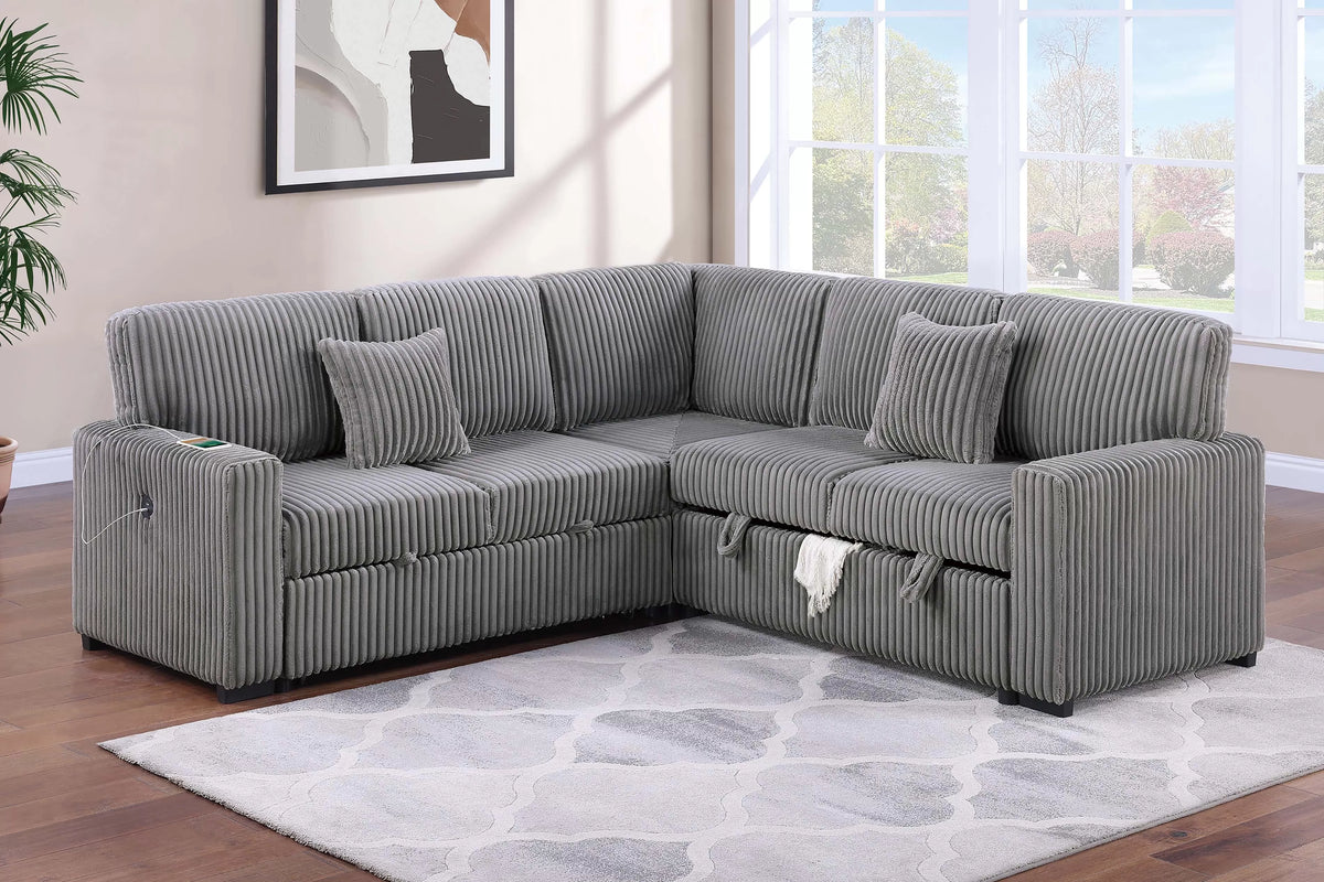 The Ramsey Smoke Convertible Sectional with Pull-Out Bed – 3-piece