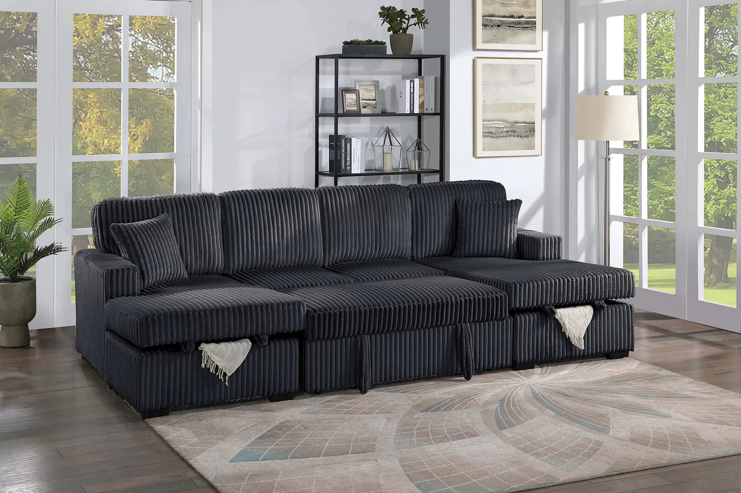 3-Piece Convertible Sectional Sofa with Dual Chaise Storage and Sleeper – Black Corduroy F8578