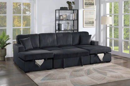 3-Piece Convertible Sectional Sofa with Dual Chaise Storage and Sleeper – Black Corduroy F8578