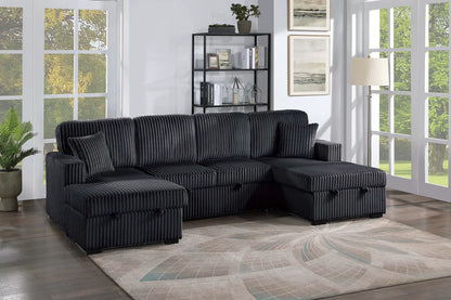 3-Piece Convertible Sectional Sofa with Dual Chaise Storage and Sleeper – Black Corduroy F8578