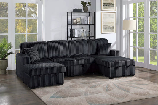 3-Piece Convertible Sectional Sofa with Dual Chaise Storage and Sleeper – Black Corduroy F8578