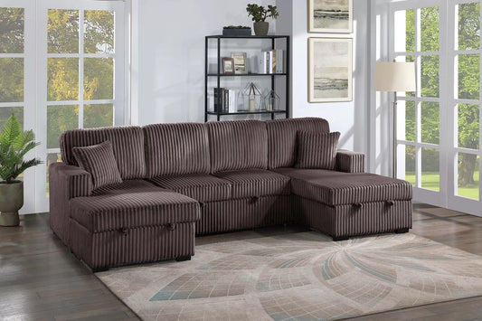 3-Piece Convertible Sectional Sofa with Dual Chaise Storage and Sleeper – Chocolate Corduroy F8579