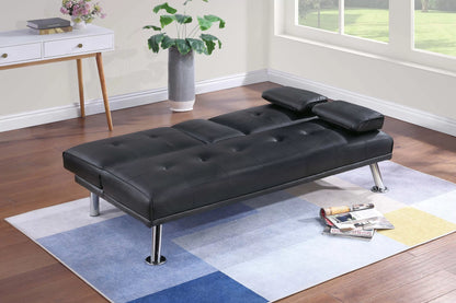 Adjustable Sofa with Fold-Down Table and Cup Holders – Black Faux Leather F8589