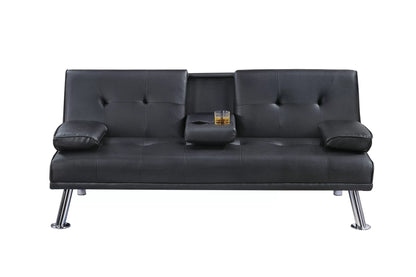 Adjustable Sofa with Fold-Down Table and Cup Holders – Black Faux Leather F8589