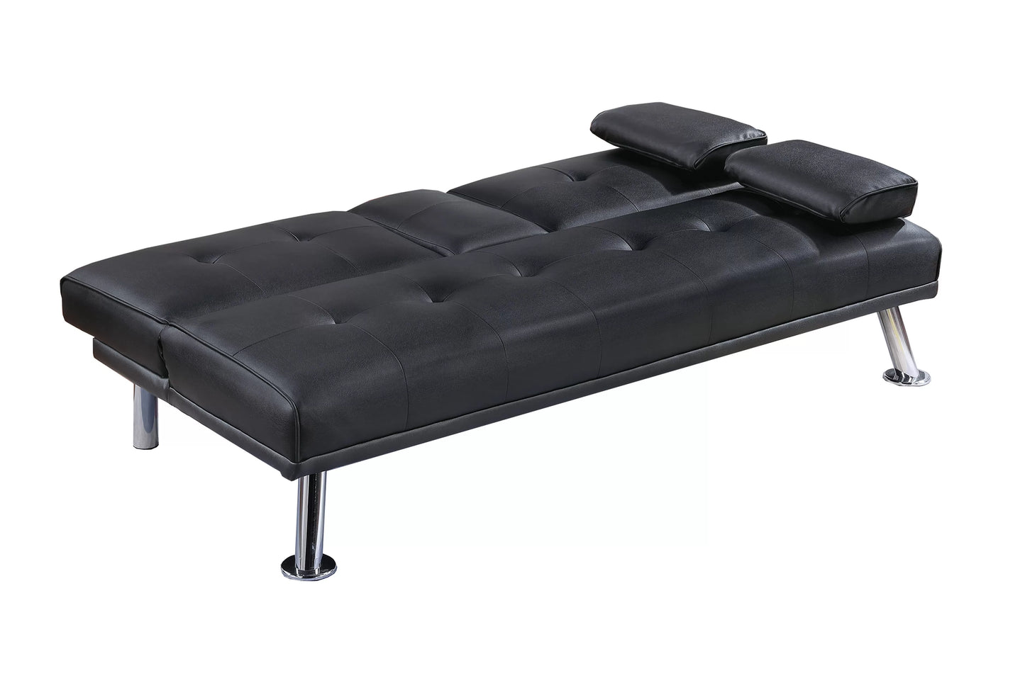 Adjustable Sofa with Fold-Down Table and Cup Holders – Black Faux Leather F8589