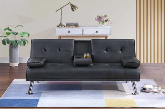 Adjustable Sofa with Fold-Down Table and Cup Holders – Black Faux Leather F8589