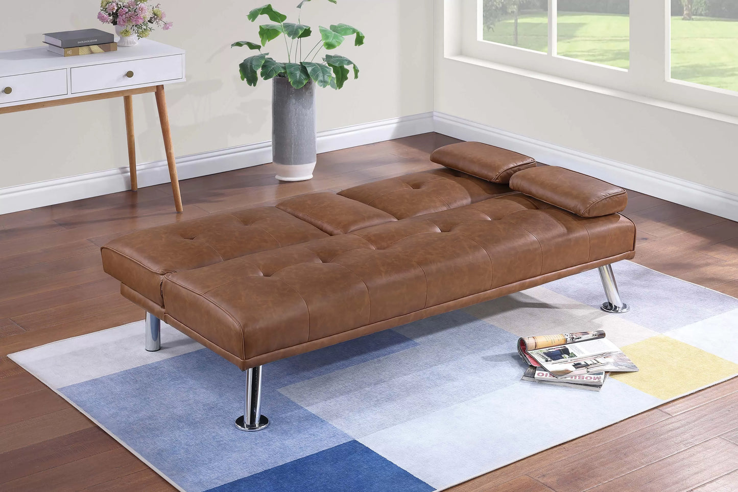 Adjustable Sofa with Fold-Down Table and Cup Holders – Brown Faux Leather F8590