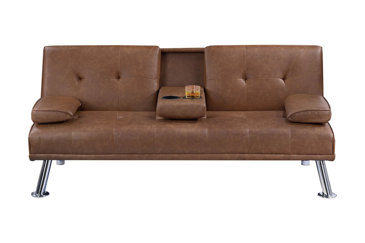 Adjustable Sofa with Fold-Down Table and Cup Holders – Brown Faux Leather F8590