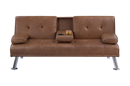 Adjustable Sofa with Fold-Down Table and Cup Holders – Brown Faux Leather F8590
