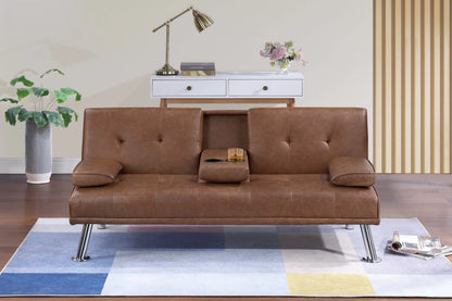 Adjustable Sofa with Fold-Down Table and Cup Holders – Brown Faux Leather F8590