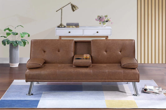 Adjustable Sofa with Fold-Down Table and Cup Holders – Brown Faux Leather F8590