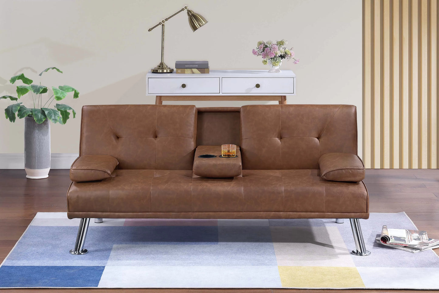 The Flexhaven Adjustable Sofa with Cup Holders – Black Faux Leather