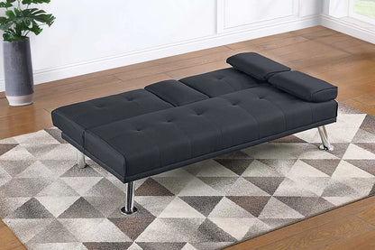 Adjustable Sofa with Fold-Down Table and Cup Holders – Black Linen-Like Fabric F8595