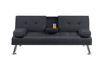 Adjustable Sofa with Fold-Down Table and Cup Holders – Black Linen-Like Fabric F8595