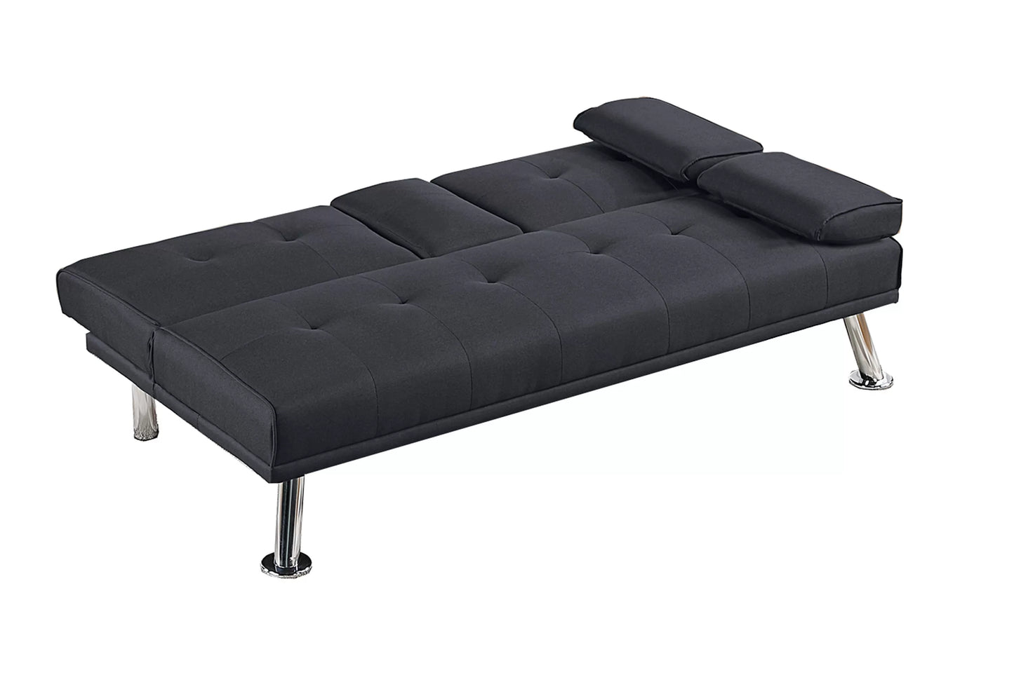 Adjustable Sofa with Fold-Down Table and Cup Holders – Black Linen-Like Fabric F8595