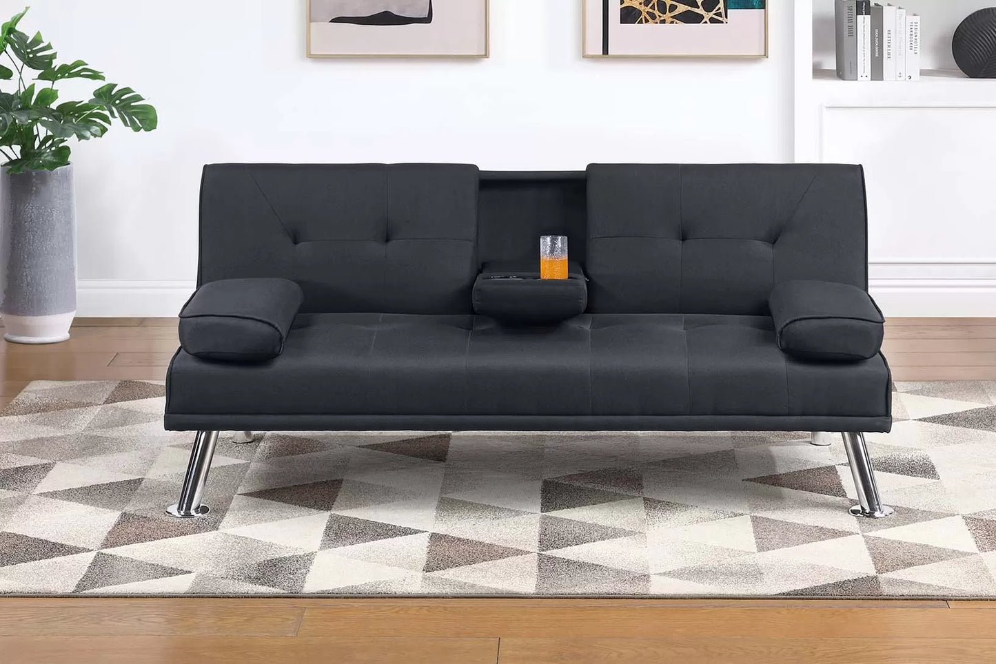 Adjustable Sofa with Fold-Down Table and Cup Holders – Black Linen-Like Fabric F8595