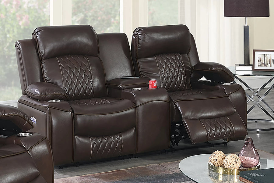 The Osric Brown Gel Leatherette Power Recliner Loveseat with Console