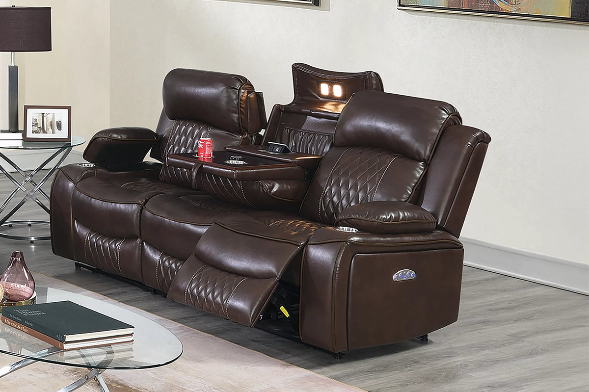 The Osric Brown Gel Leatherette Power Recliner Sofa with Fold-Down Table - view 1