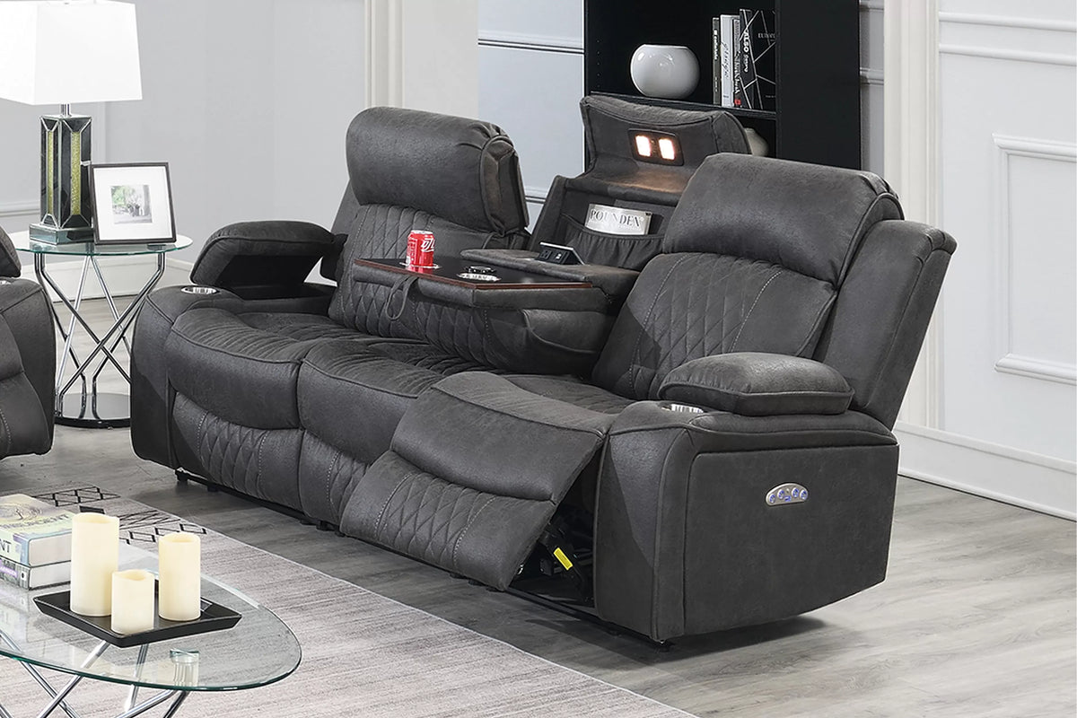 The Osric Charcoal Gel Leatherette Power Recliner Sofa with Fold-Down Table - view 1