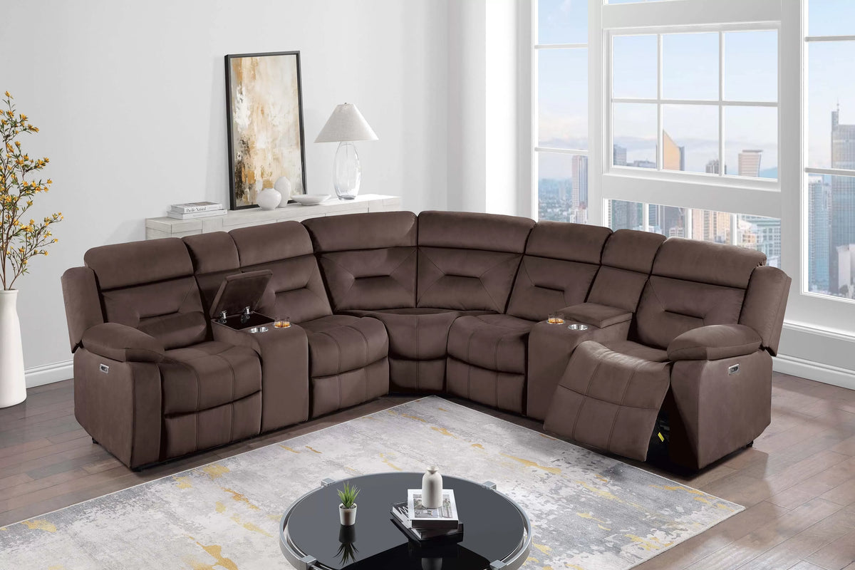 The Aldric Chocolate Velvet Power Reclining Sectional with USB – 3 Piece - view 1
