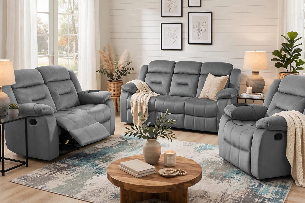 The Aldric Dark Gray Velvet Manual Motion Living Room Set – 3 Piece - view 4