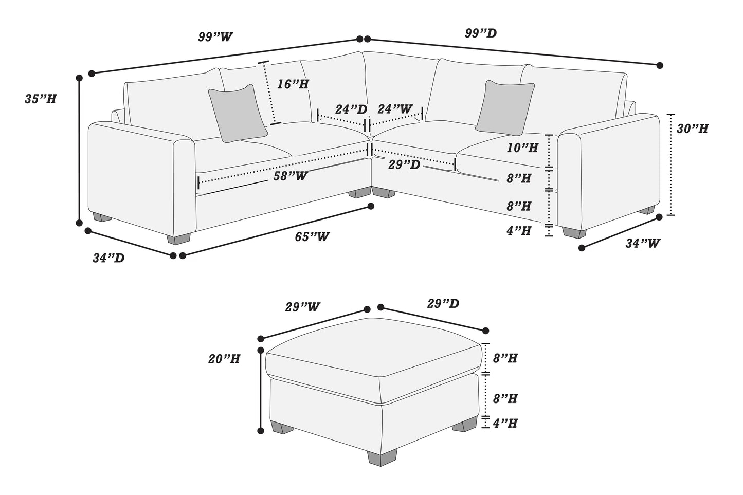 4-Piece Corduroy Sectional with Ottoman – Ivory | F8891