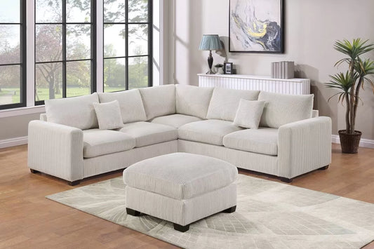 4-Piece Corduroy Sectional with Ottoman – Ivory | F8891