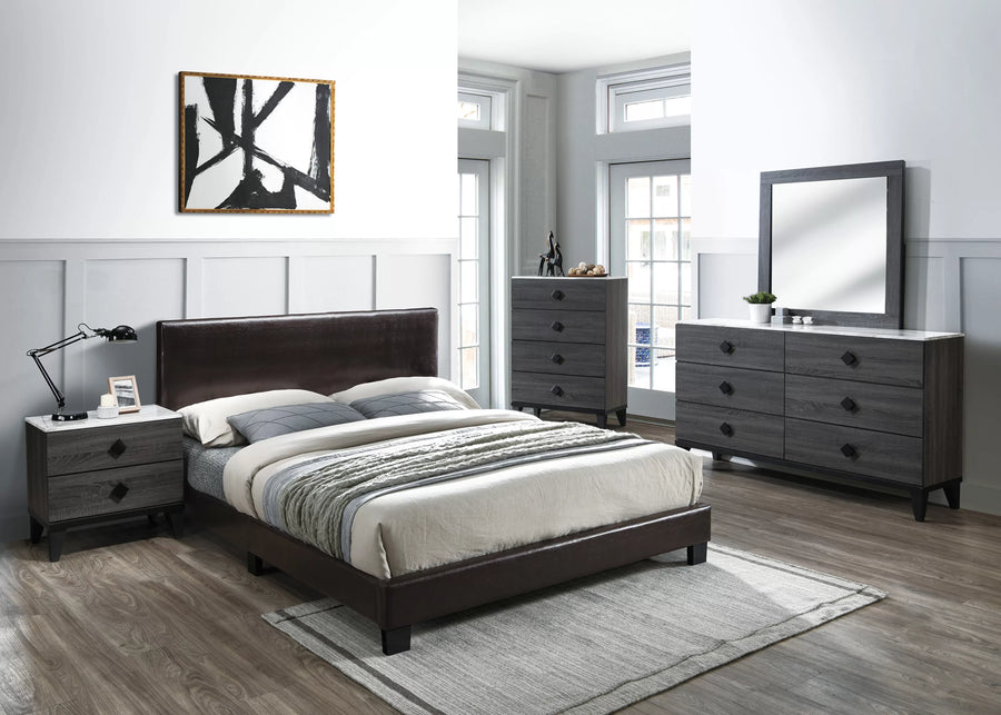 The Mercer Brown Faux Leather Full Bed Frame, Nightstand & Chest – 3 Piece