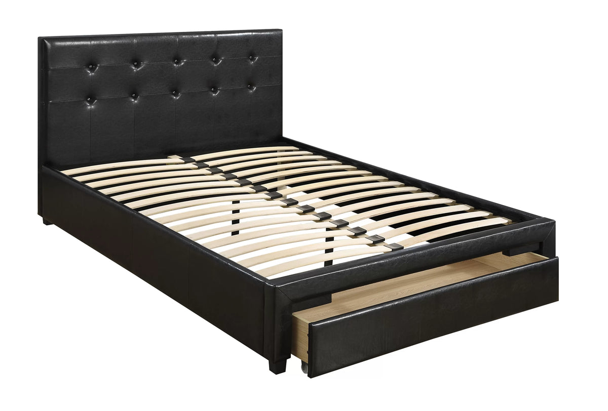 The Renshaw Queen Black Faux Leather Button-Tufted Bed with Underbed Drawer & Charging Station