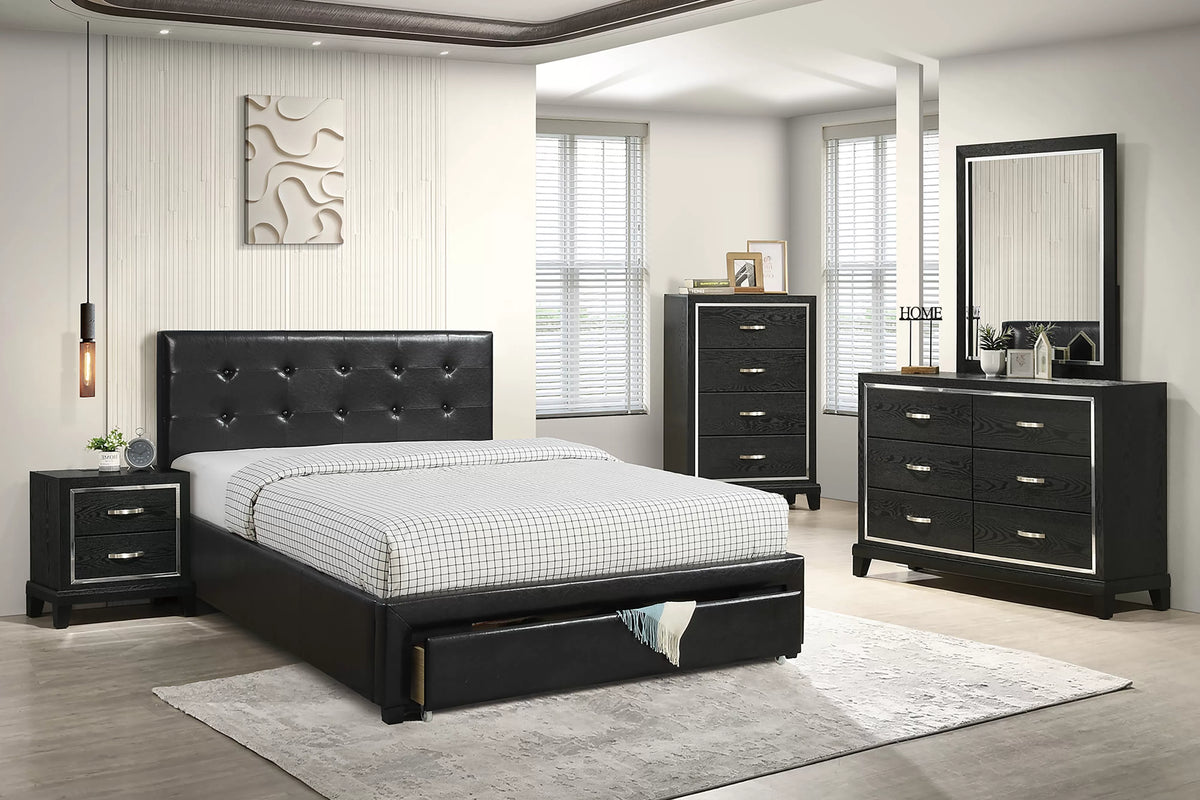 The Renshaw Queen Black Faux Leather Button-Tufted Bed with Underbed Drawer & Charging Station