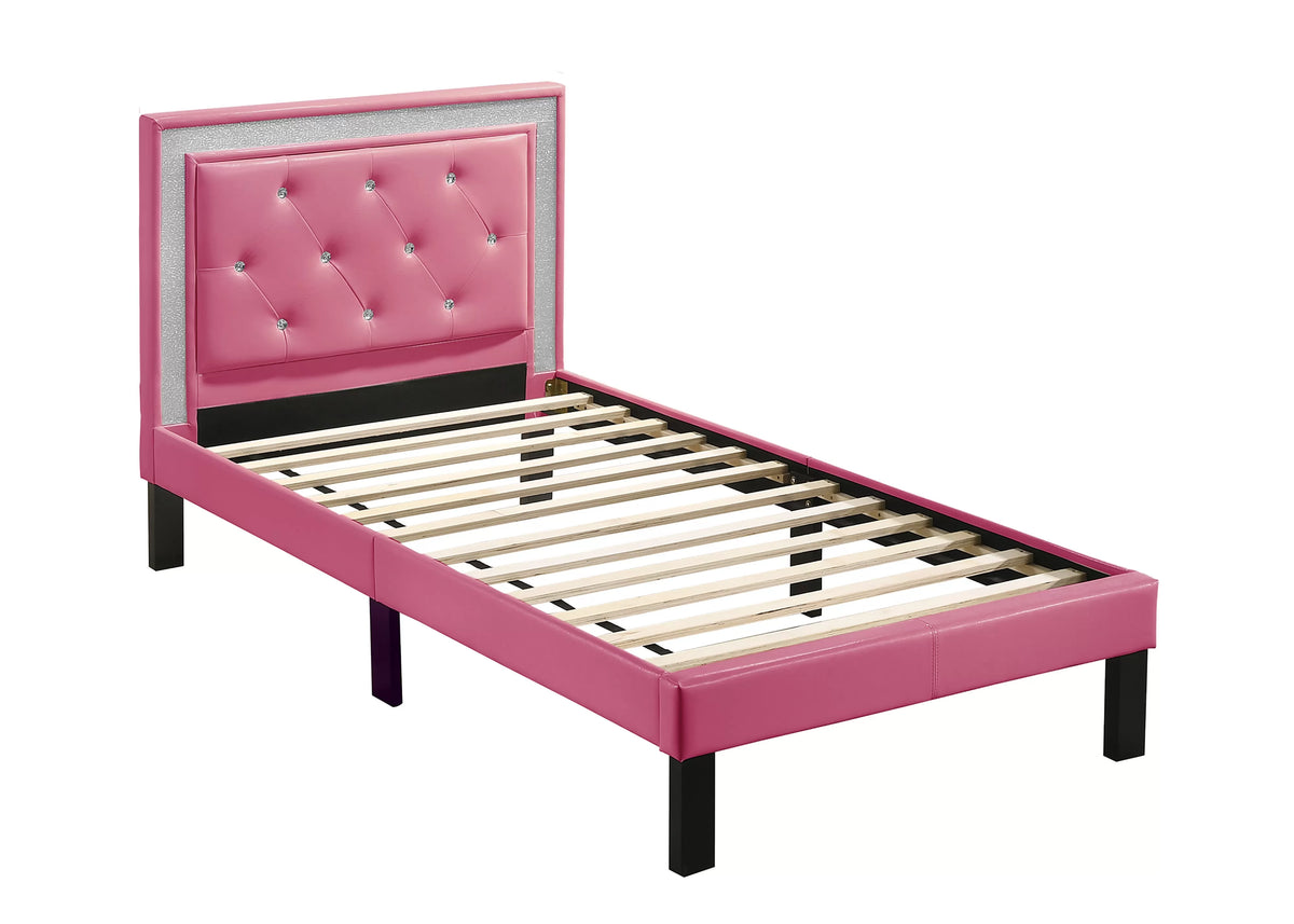 The Carlisle Pink Faux Leather Twin Bed Frame – Button-Tufted with Contrast Trim - view 2
