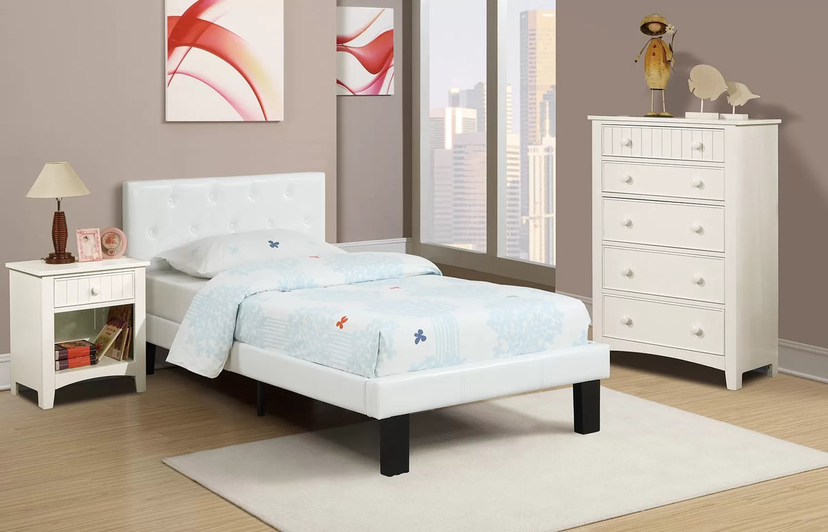 The Bristol White Faux leather Twin Bed Frame, Nightstand & Chest – 3 Piece - view 1