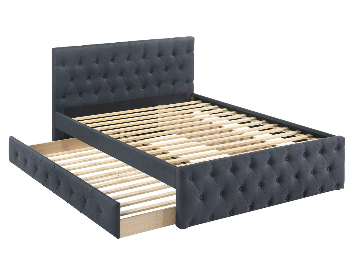 The Wren Full Charcoal Burlap Trundle Bed with Storage Drawers