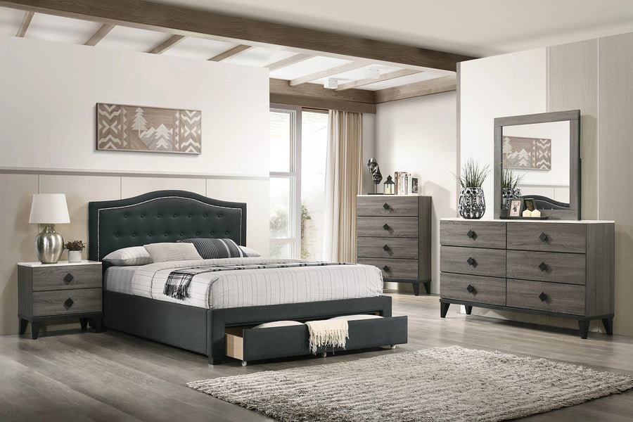 The Archibald Eastern King Charcoal Burlap Arched Bed with Drawer