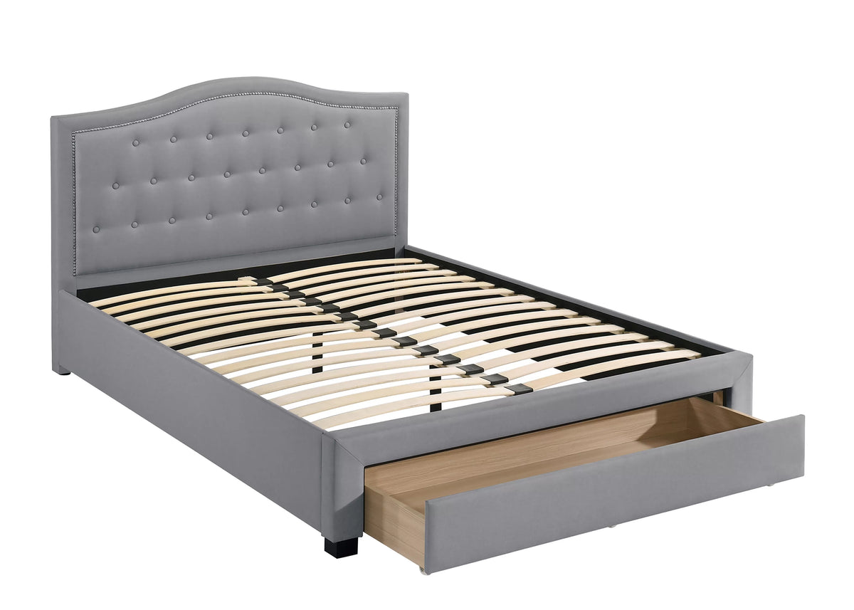 The Heath Queen Light Gray Burlap Bed with Storage Drawer