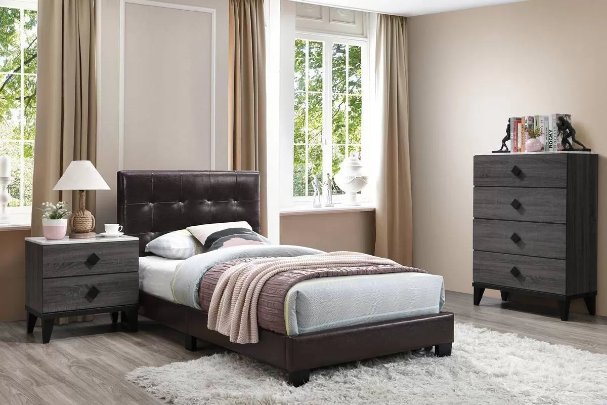 The Mercer Brown Faux Leather Twin Bed Frame, Nightstand & Chest – 3 Piece - view 1