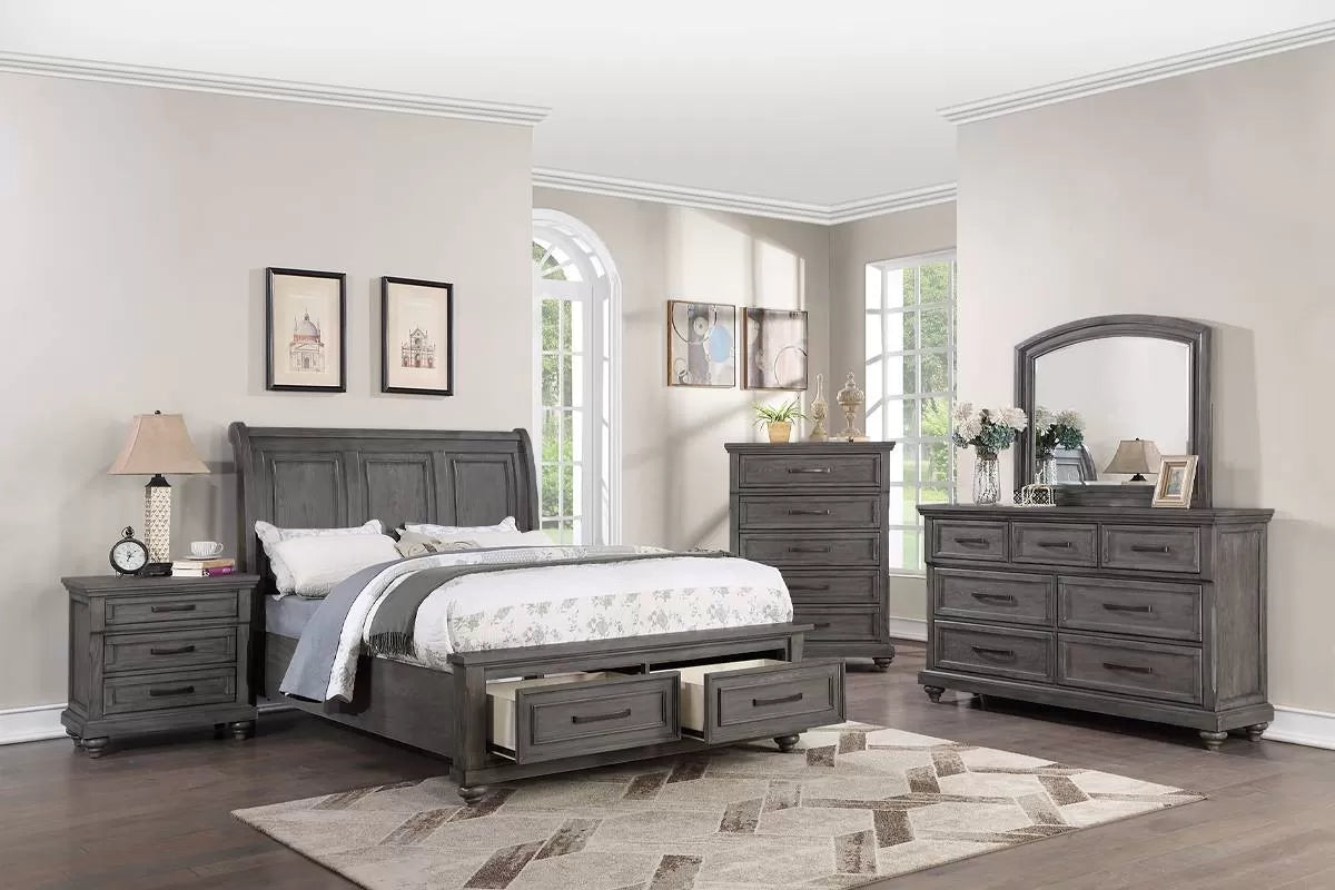 The Belmont Queen Gray Sleigh Bed with 2 Underbed Drawers