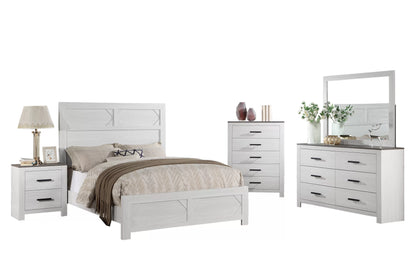 5-Piece Queen Bedroom Set – Bed, Dresser, Mirror, Chest & Nightstand | White Modern Farmhouse