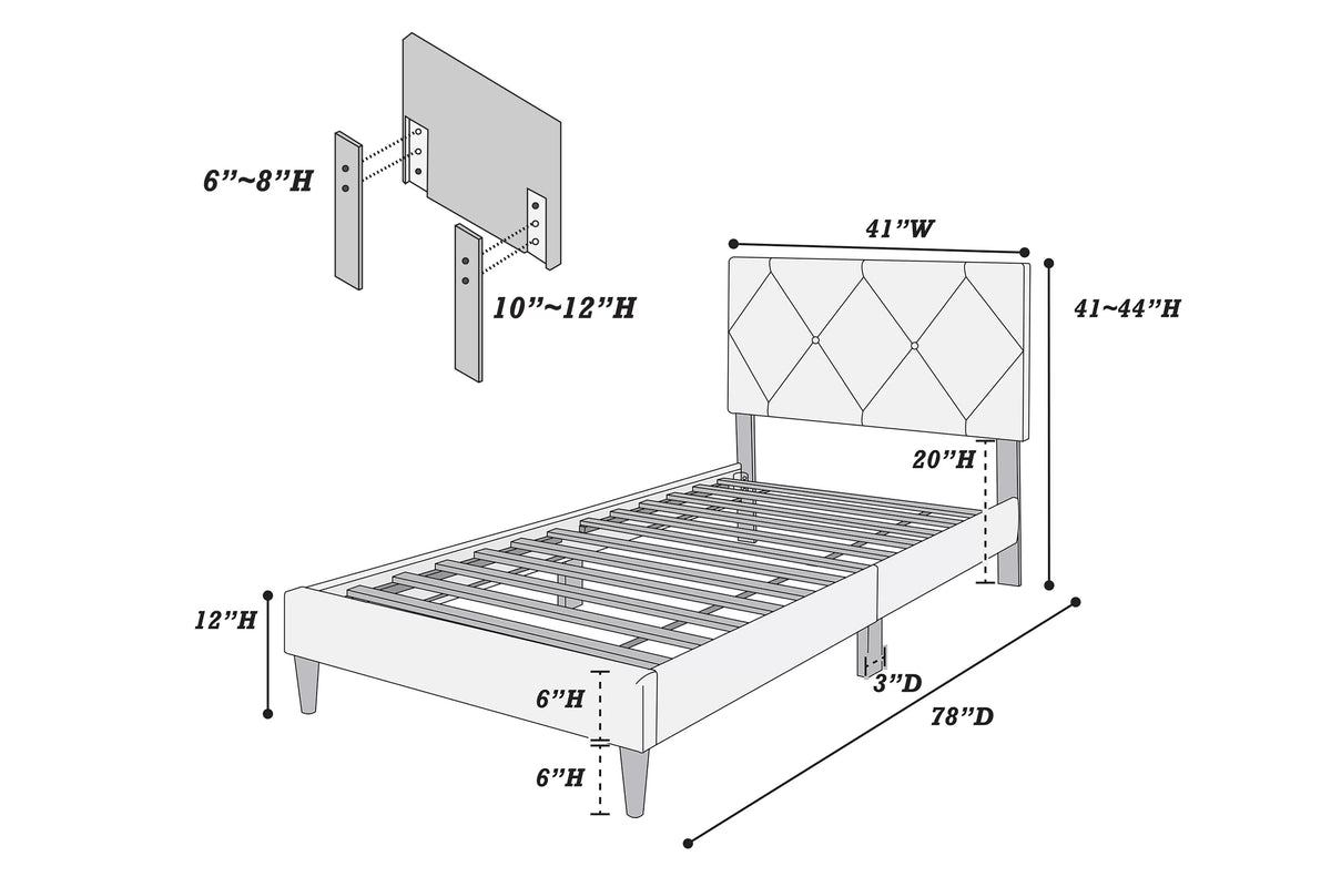 The Winslow Gray Velvet Diamond-Tufted Twin Bed Set – Bed & Nightstand - view 7