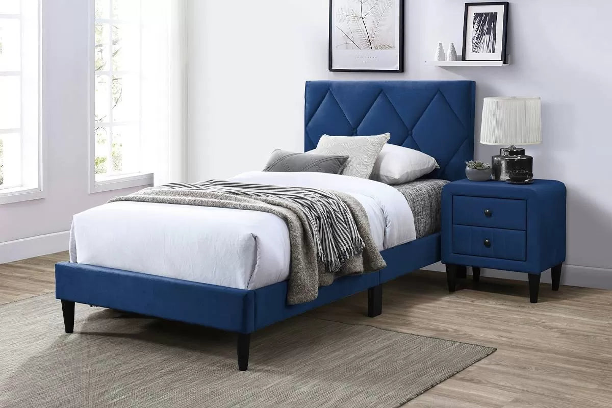 The Winslow Navy Blue Velvet Diamond-Tufted Twin Bed Set – Bed & Nightstand - view 1