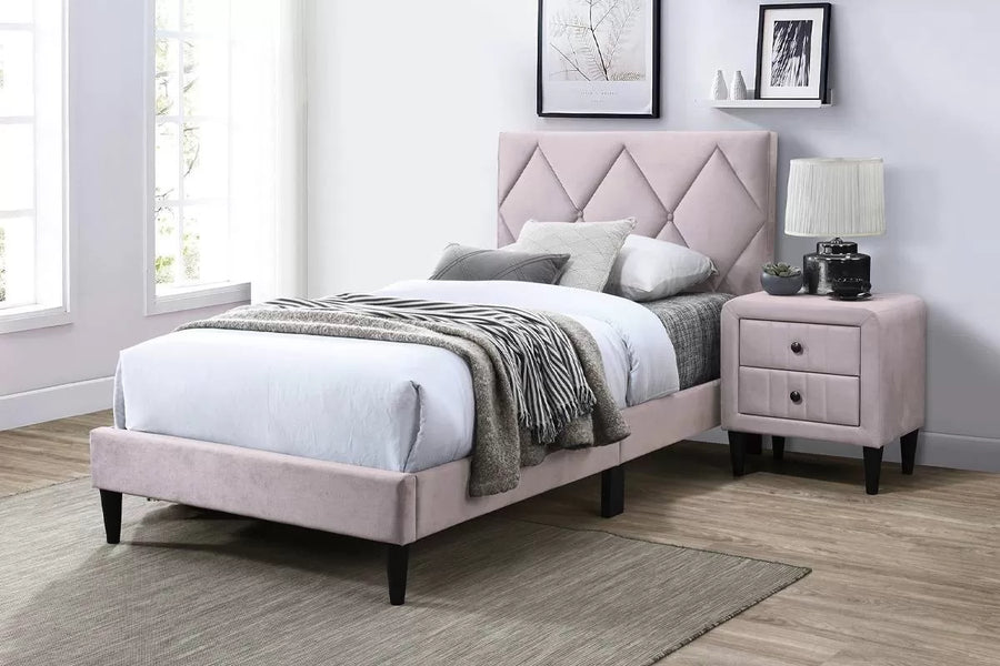 The Winslow Light Pink Velvet Diamond-Tufted Full Bed Set – Bed & Nightstand