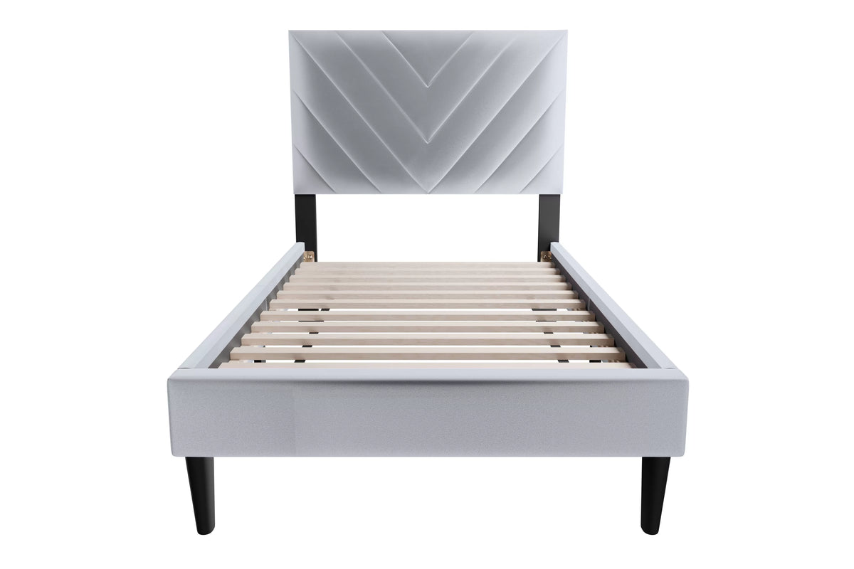 The Harlow Gray Velvet Chevron-Tufted Twin Bed Set – Bed & Nightstand - view 2