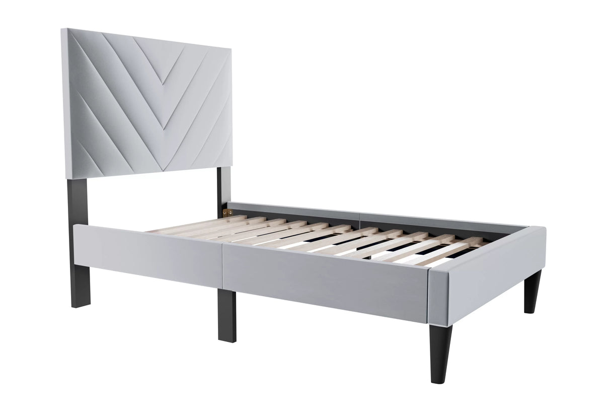 The Harlow Gray Velvet Chevron-Tufted Twin Bed Set – Bed & Nightstand - view 3
