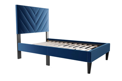 The Harlow Navy Blue Velvet Chevron-Tufted Twin Bed Set – Bed & Nightstand - view 3